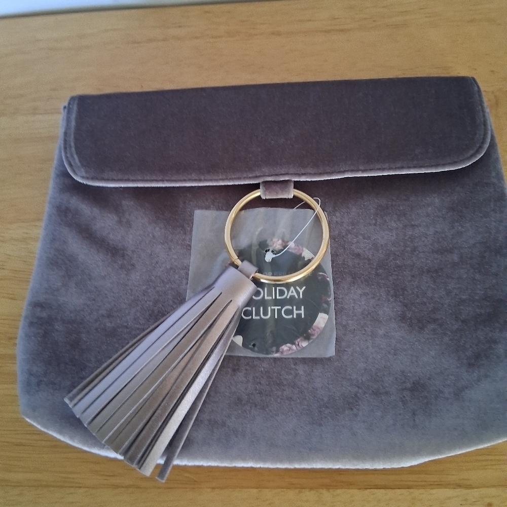 Gray Velvet Clutch with Gold Ring and Tassel